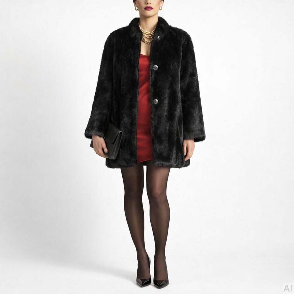 Source Unknown Faux Fur Coat Size L Black Chic Elegant Evening Luxe - Picture 3 of 9
